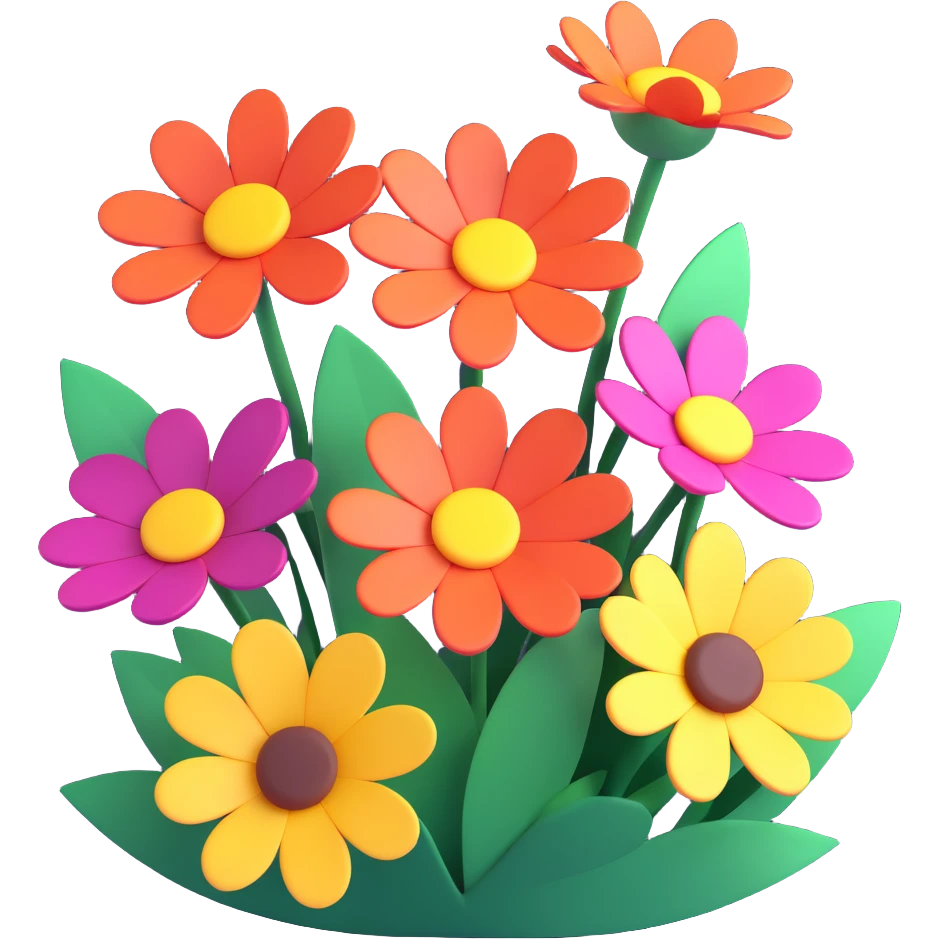 Add more volume to the flowers, making them more three-dimensional with pronounced light and shadow and depth, in a modern 3D iOS style, with a clean background. emoji