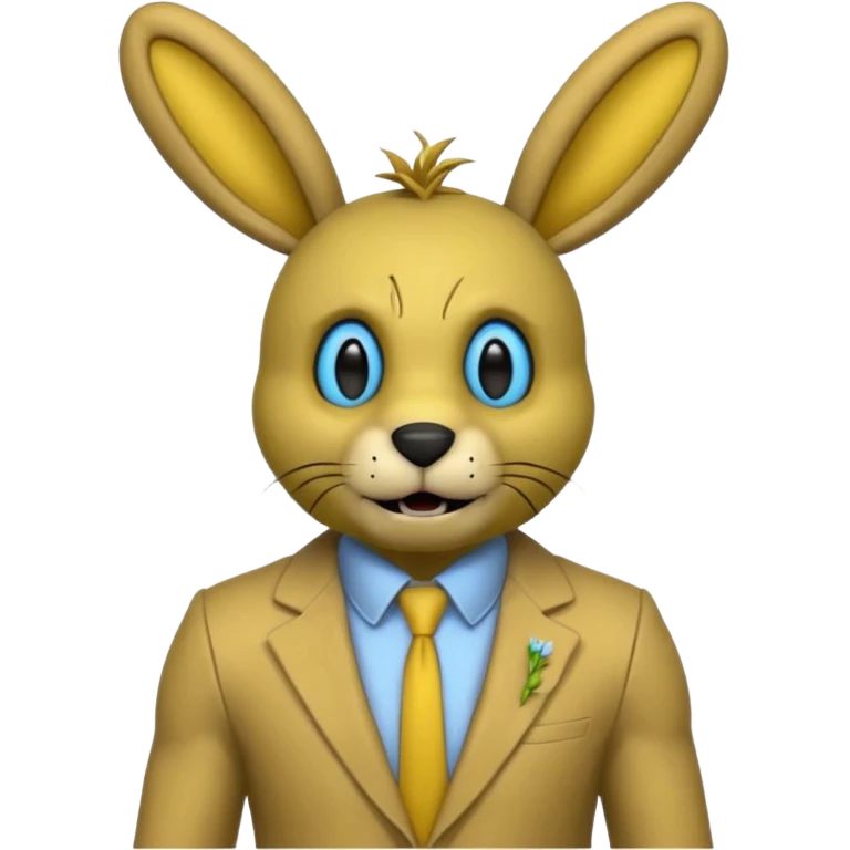 springtrap yellow damage hare suit with hare ears blue eyes with strands of 3C hair size of a small toothpick sttcking up emoji