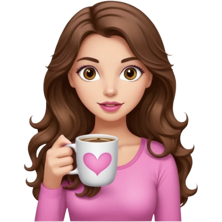 girl with long wavy brown hair, brown eyes, long lashes, pink lips, light to medium complexion, pink sexy top, with a coffee mug emoji