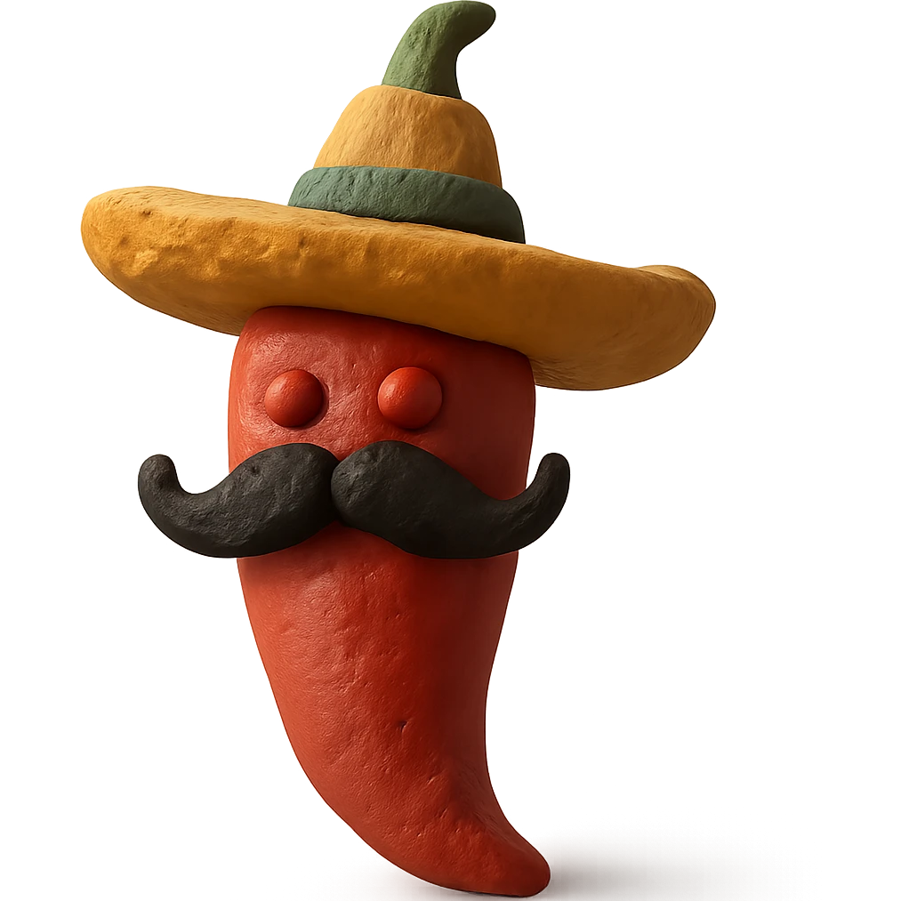 claymation style red chile pepper with a sombrero and a Mexican moustache emoji