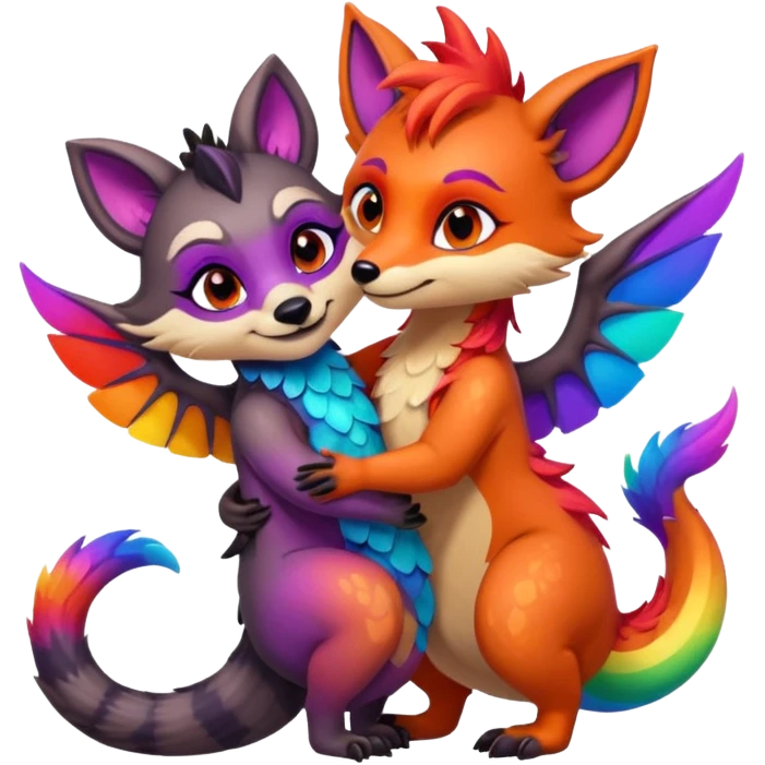 black female raccoon dragon hybrid with rainbow colored wings and purple eyes giving a big hug to a red female fox dragon hybrid with rainbow colored wings and orange eyes emoji