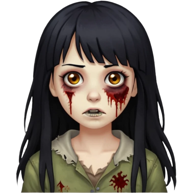 Zombie woman with long black hair and bangs, a nose piercing, and brown eyes. emoji