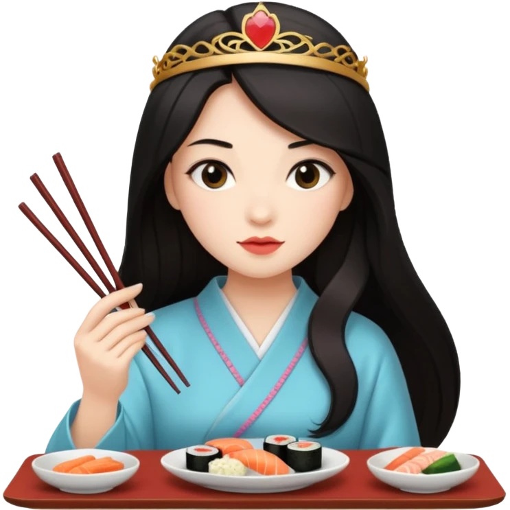 czarnowłosa ksieżniczka w dlugich wlosach je sushi emoji