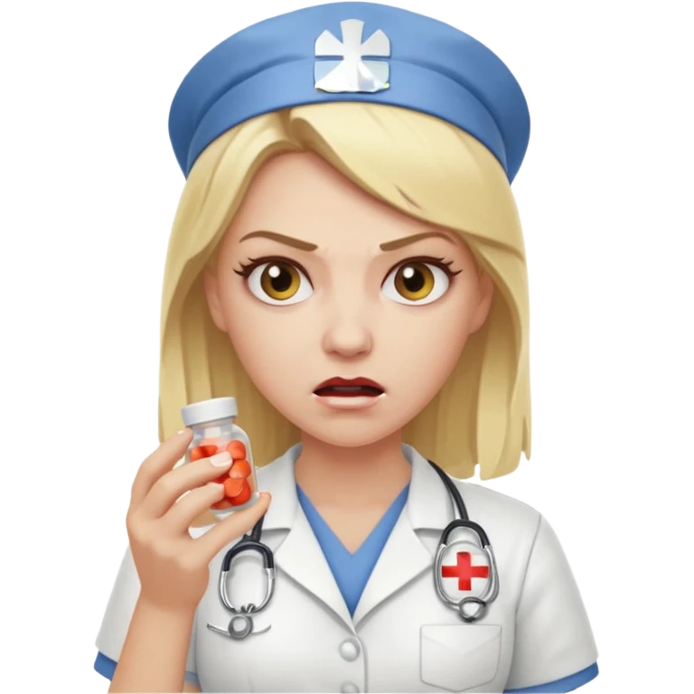 angry blonde nurse with a pills emoji