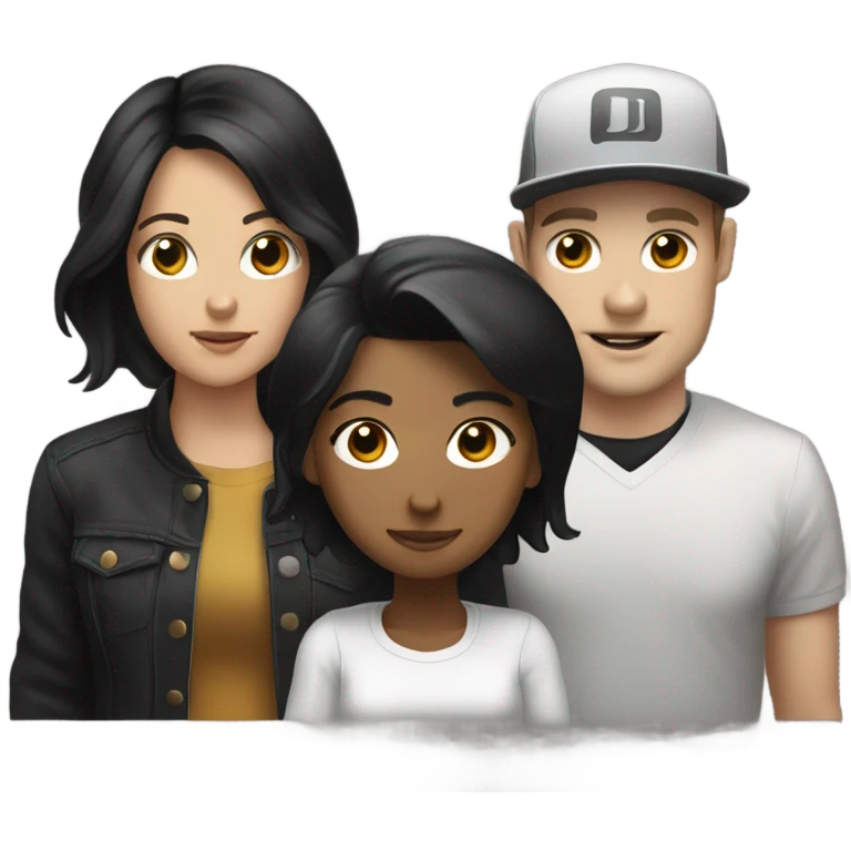 3 people: a white girl with black hair, a brown girl, and a white guy behind DJ turntables together emoji