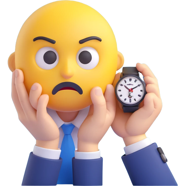 A yellow emoji face with a worried expression, looking at a wristwatch with raised eyebrows, showing urgency and stress emoji