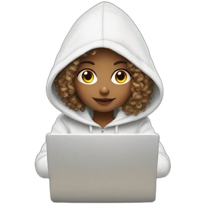 a white tenage curly girl wearing a hoodie working on a laptop emoji