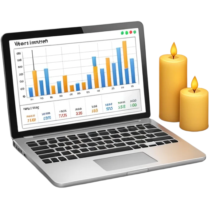 Minimal 3D emoji style laptop with stock market chart on screen, candlestick chart and small line graph, financial trading interface, neutral colors, professional look, clean shading, no bright colors, no brand logos, isolated on transparent background, modern emoji design emoji