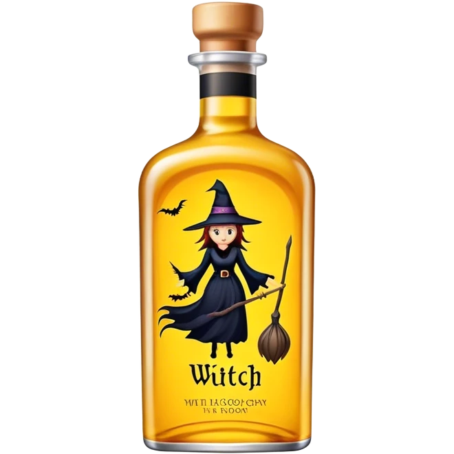 a yellow liquor bottle with a witch on the packaging emoji