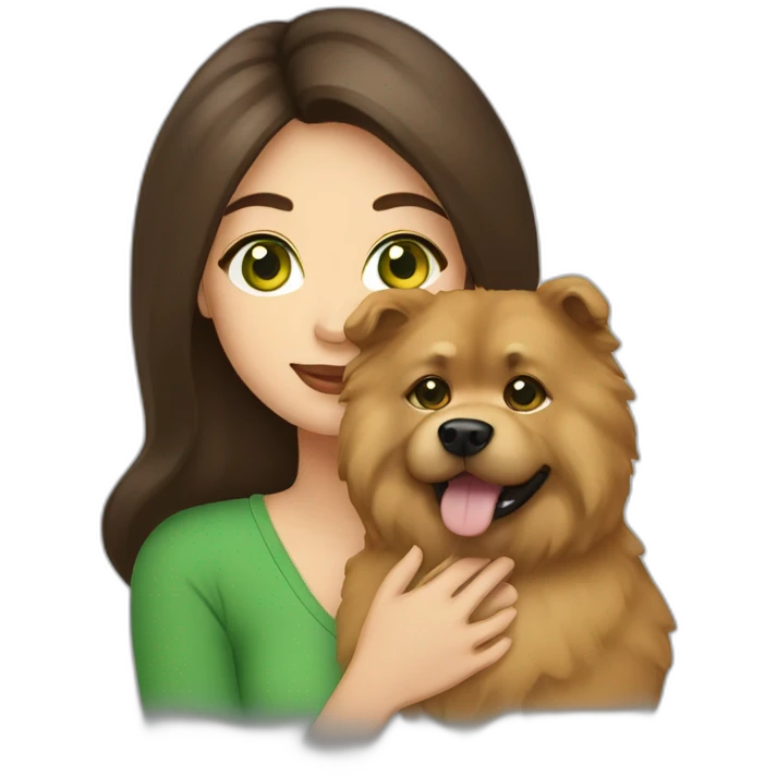 A green-eyed brunette holding a chowchow emoji