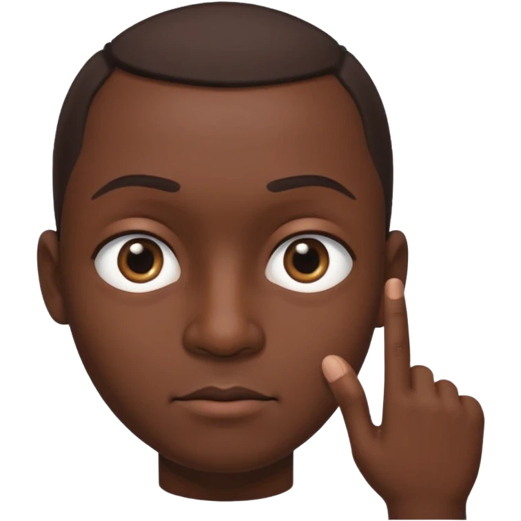 Male with a big round head, dark skin, eyes looking to the side, pointer finger touching the outside corner of the eye emoji