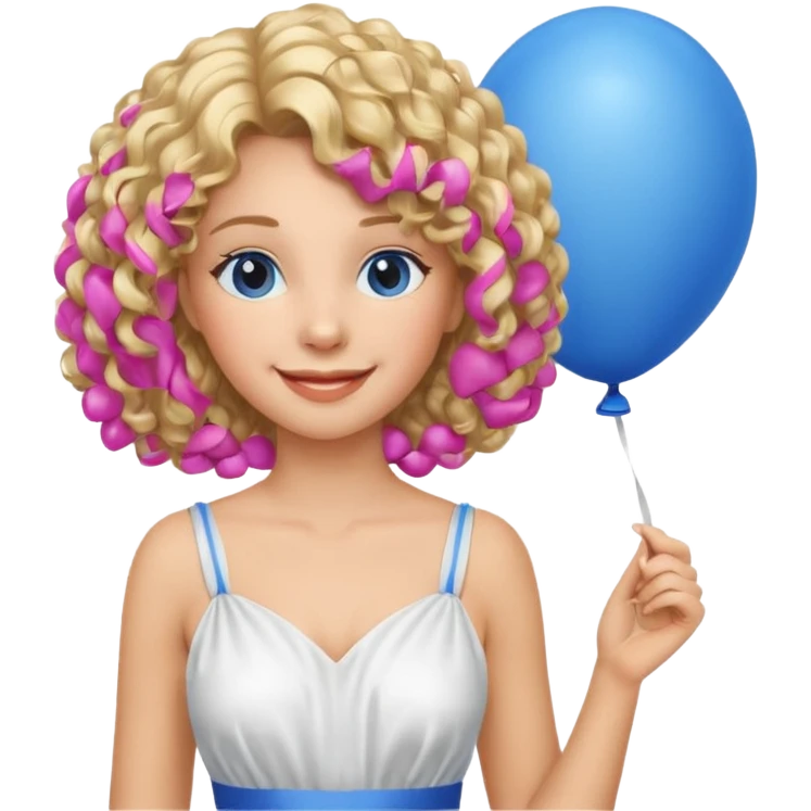 Woman curly blonde with blue balloon, white dress emoji
