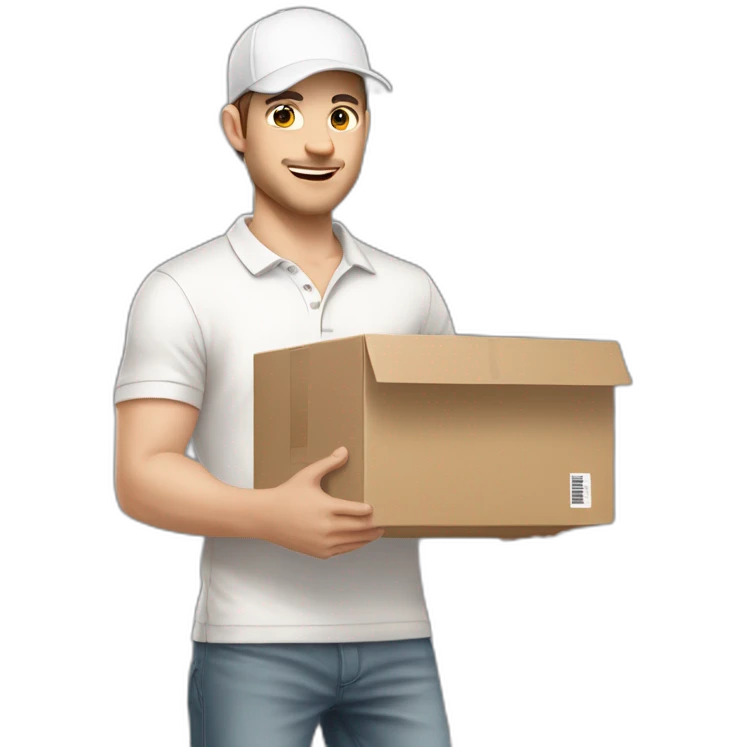 Pale skinned fit Man with dark brown hair in a white cap, gray jeans and beige polo T-shirt keeping a pasted box into his hands emoji