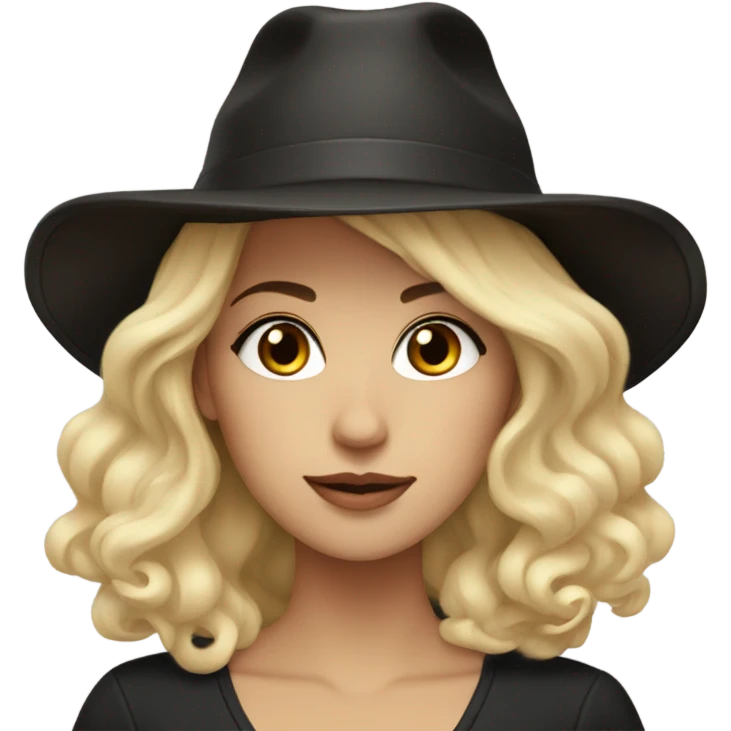 Pretty blonde woman, brown eyes, fluffy black hat emoji
