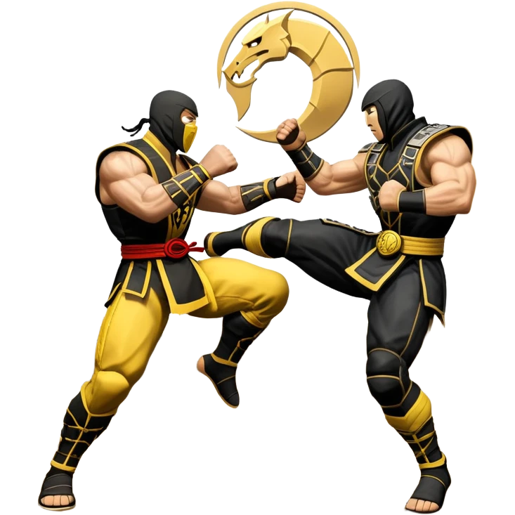 An icon showing two fighters in combat poses, inspired by Mortal Kombat. One character delivers a powerful kick, while the other blocks. The background features an iconic arena from the game with life bars at the top, symbolizing intense battles. Transparent background. emoji