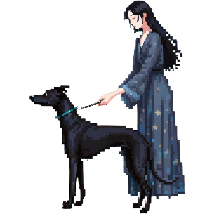 A very beautiful and attractive 25-year-old Japanese woman with long flowing black hair gently petting a SOLID DARK GREY whippet on a beach at night under a starry sky. The woman's hand is lovingly stroking the whippet. The whippet MUST be COMPLETELY SOLID DARK GREY with ABSOLUTELY NO WHITE MARKINGS ANYWHERE - no white chest, no white face, no white paws, no white tip on tail - ENTIRELY ONE SOLID DARK GREY COLOR throughout the entire dog. Deep blue night sky filled with bright stars, moonlight reflecting on the ocean, sandy beach in the foreground. emoji