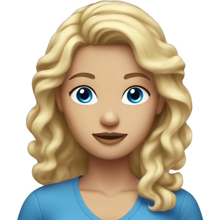 Woman with blonde wavy hair with a blue shirt on and blue eyes emoji