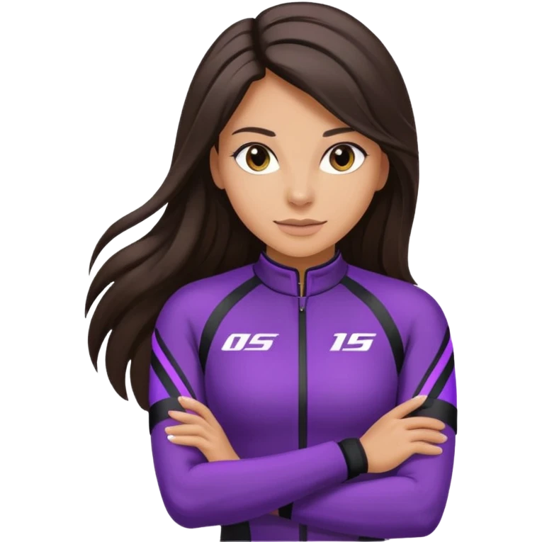 brunette long hair woman with black racing outfit with single purple strips on arms emoji