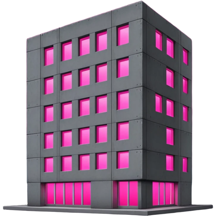 Nighttime scene of a Russian concrete panel building, dark gray rectangular structure against night sky, one window with intense bright pink UV grow light glowing in the darkness emoji