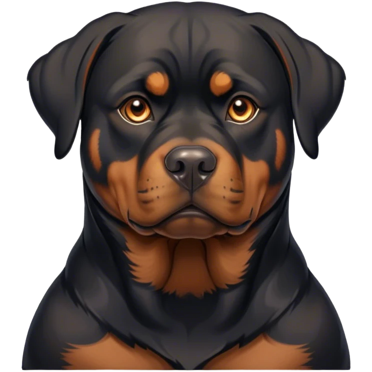 Cinematic Noble Rottweiler Portrait Emoji, Poised and regal, with a powerful, muscular build and a sleek, well-groomed coat of rich black with tan markings, deep-set soulful brown eyes, Simplified yet sharp and sophisticated features, highly detailed, glowing with a soft, dignified glow, high shine, intelligent and commanding, stylized with an air of authority, focused and attentive, soft glowing outline, capturing the essence of a watchful and fearless guardian, so majestic it feels as though it could stride out of the screen with effortless authority! emoji