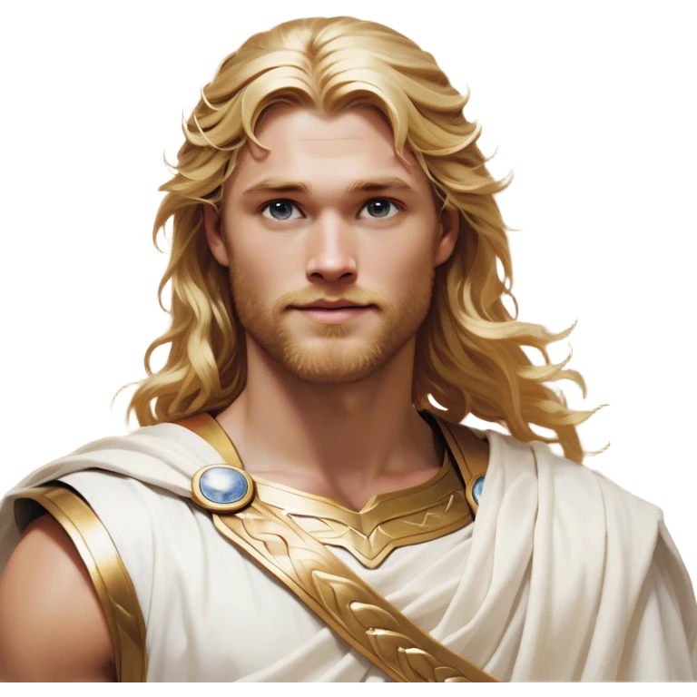 Cinematic Realistic Thor Portrait, head tilted playfully and inquisitively, showcasing his classical Greek god allure with a relaxed, yet commanding presence. His fair, radiant skin and flowing, wavy golden hair are highlighted by a gentle smile and twinkling, approachable eyes. Clad in a gracefully draped white toga with subtle golden embellishments, he exudes a lighthearted yet powerful charm under soft, natural lighting. emoji