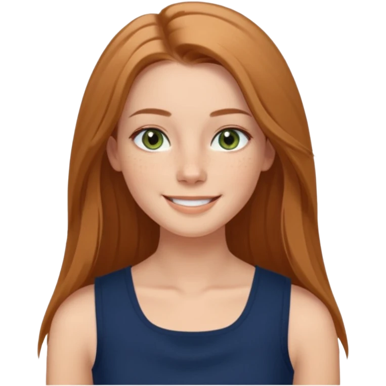 emoji of a confident woman named Freya McOmish, smiling, hazel green eyes, straight long hair with a middle part, subtle freckles, modern casual style, broad shoulders, wearing a navy sleeveless deep square neck top emoji