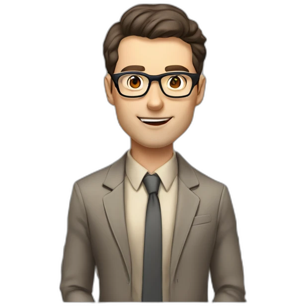 Pale skinned fit man teacher with dark brown hair in gray jacket, beige office shirt, brown tie, brown pants and vintage glasses Draws on the marker board emoji