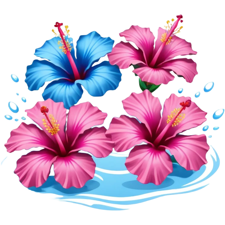 4 pink and blue hibiscus in water emoji