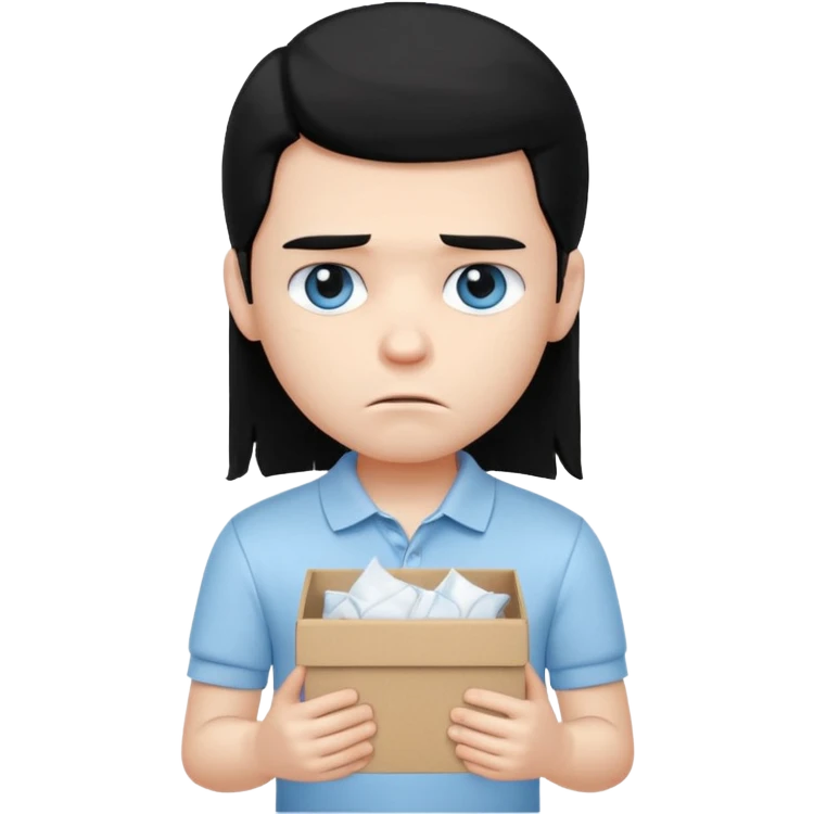 generate a pretty bratz boy with long black hair, wearing a white polo shirt. Looking sad, holding a box of tissues emoji