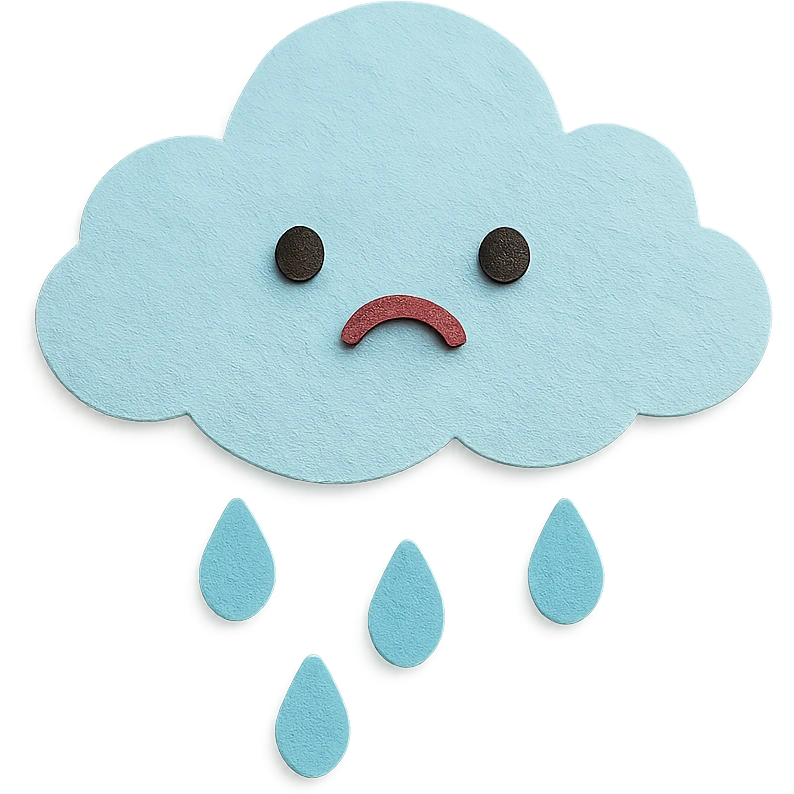 adorable pastel rain cloud, sad face, soft blue raindrops, no arms or legs, full body, kawaii paper craft style emoji