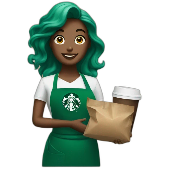 Mermaid working at Starbucks with green apron emoji