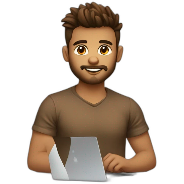 Not fat but fit Wearing a shirt No glasses Cute programmer on his laptop looking front with a brown quiff as a hair and brown eyed with a bit of a beard emoji