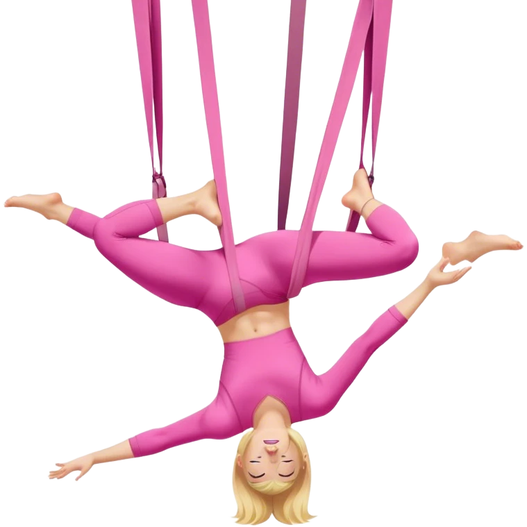 Blonde girl in pink workout clothes doing aerial yoga emoji
