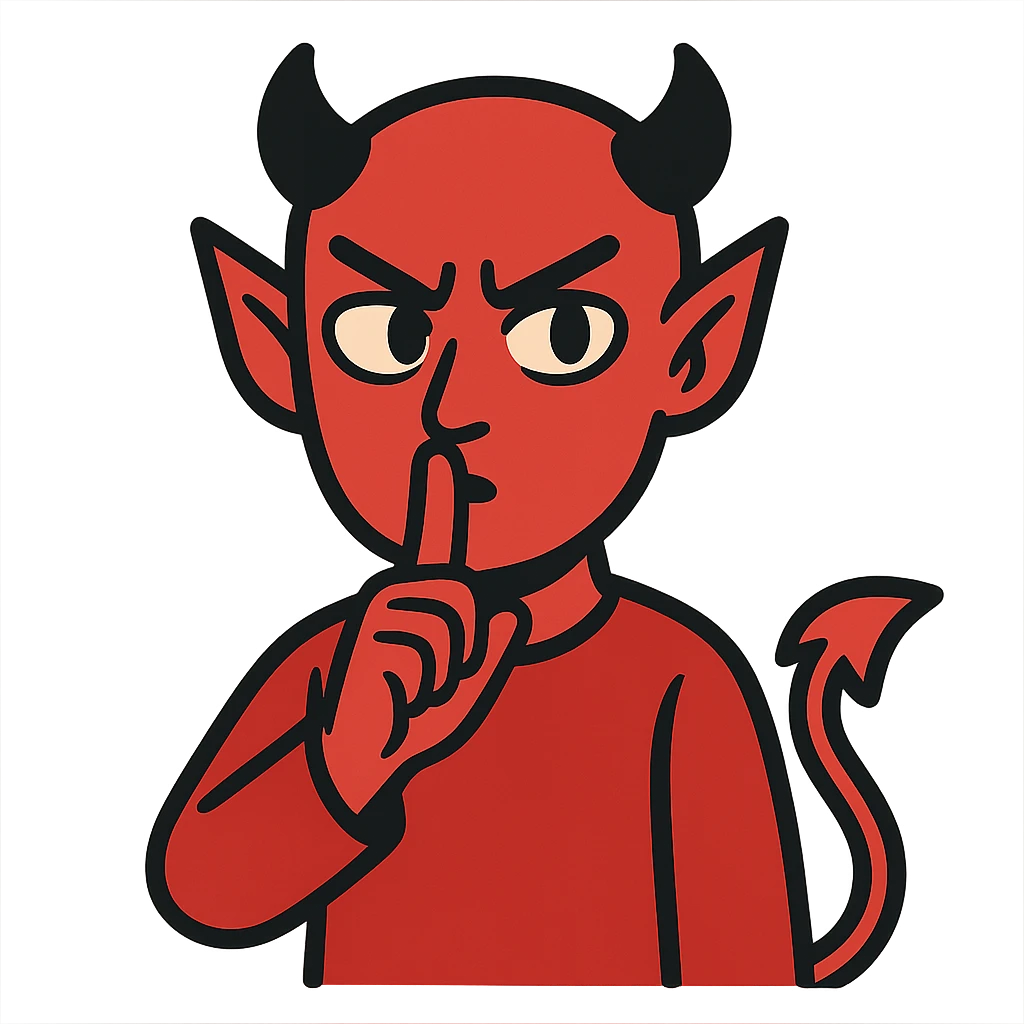 flat toon style devil making a be quiet gesture, finger to lips emoji