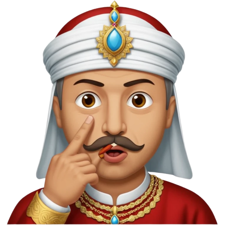 A turkish Sultan putting a finger in front of his mouth while his eyes are pure white, HE IS EXTREMELY INSANE AND CRAZY emoji