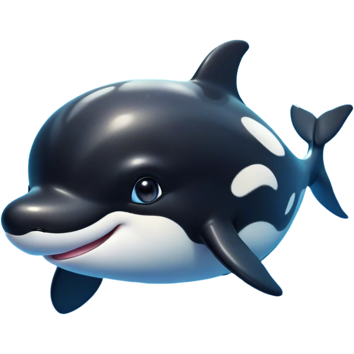 Cinematic Cute orca Portrait Emoji, Head tilted playfully and inquisitively, featuring a smoothly rounded body with bright, sparkling eyes and an adorable, friendly smile, Simplified yet irresistibly adorable features, highly detailed, glowing with a warm, ocean-blue glow, high shine, affectionate and lively, stylized with a touch of whimsical aquatic charm, soft glowing outline, capturing the essence of a mischievous yet endearing orca that seems as if it could leap right into your heart! emoji