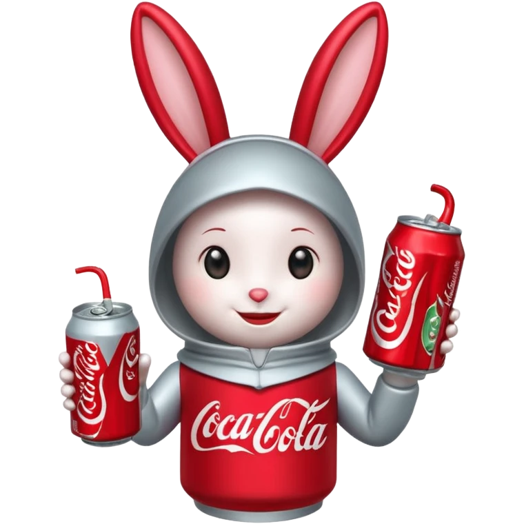 Red soda can as its head and a body resembling a bottle can . The can has large, friendly eyes and a smiling facial expression. The character’s bunny long ears are also red, and it has sliver accents on either side. The body displays the Coca-Cola logo prominently. emoji