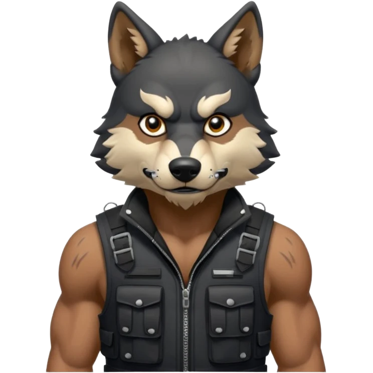 A black anthropomorphic wolf with white marks, he is wearing a muzzle, and his ears are standing up with a variety of piercings. He has a black tactical vest on, and he is in a grumpy mood, his arms just hanging by his side emoji