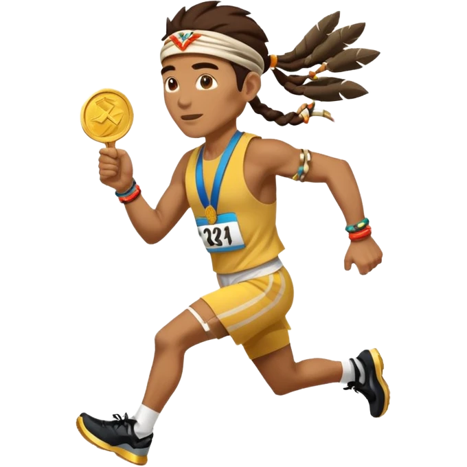 tribal shaman picking running a marathon with gold medal emoji