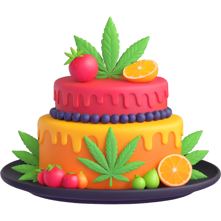 colorful frosted fruit cake with cannabis leaf on a plate emoji