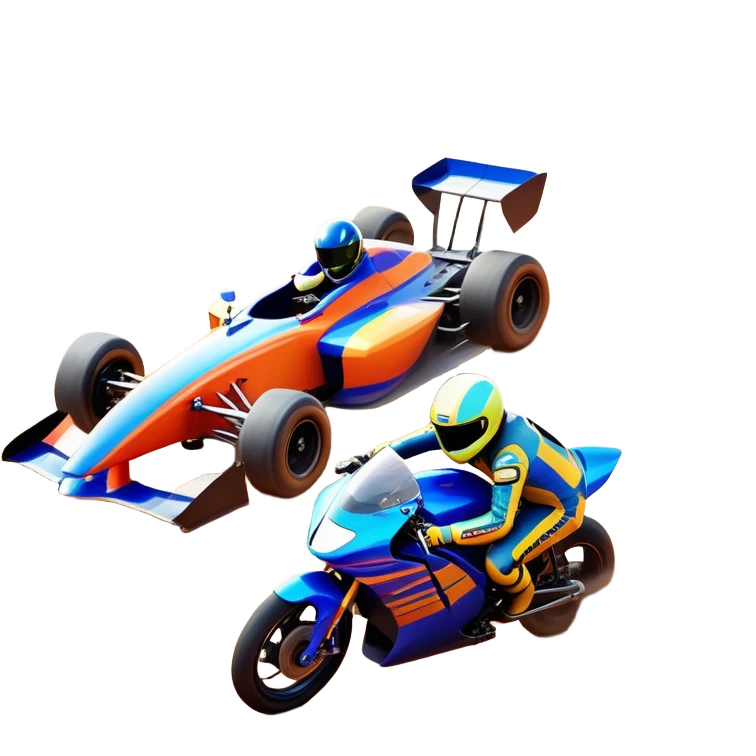 A sleek racing car and motorcycle speeding on a track, leaving a trail of dust behind. The scene captures the thrill of high-speed competition, with blurred motion and vibrant colors, highlighting the dynamic energy of motorsport. emoji