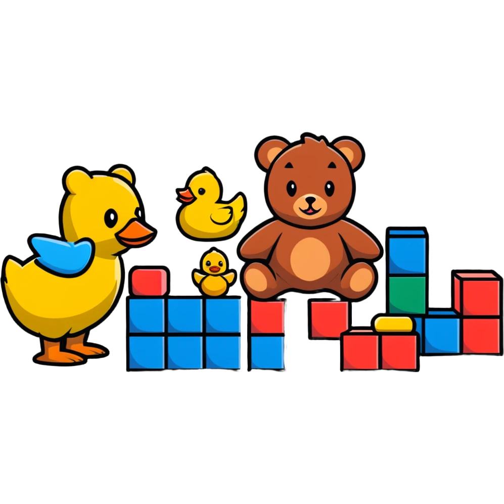 scattered children's toys on floor - teddy bear, rubber duck, blocks, ball, action figures emoji
