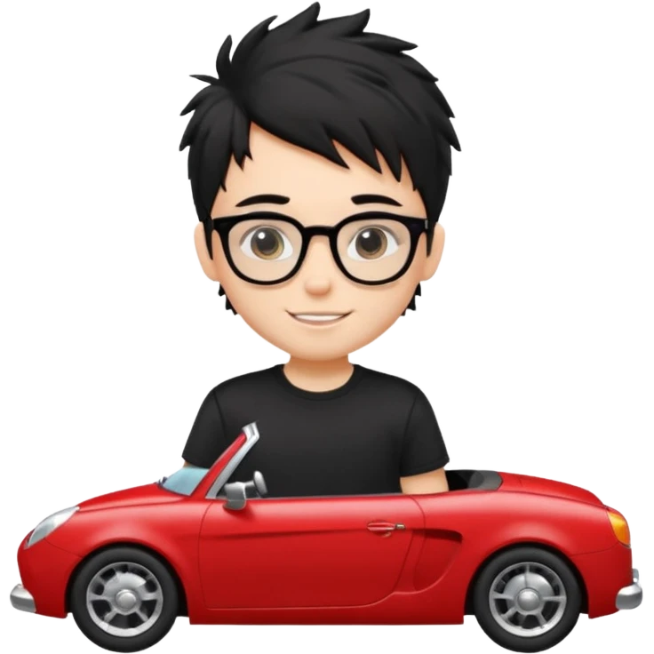 generate a pretty bratz fair skinned boy with black messy hair wearing a black tshirt driving a red car. Glasses on.  emoji