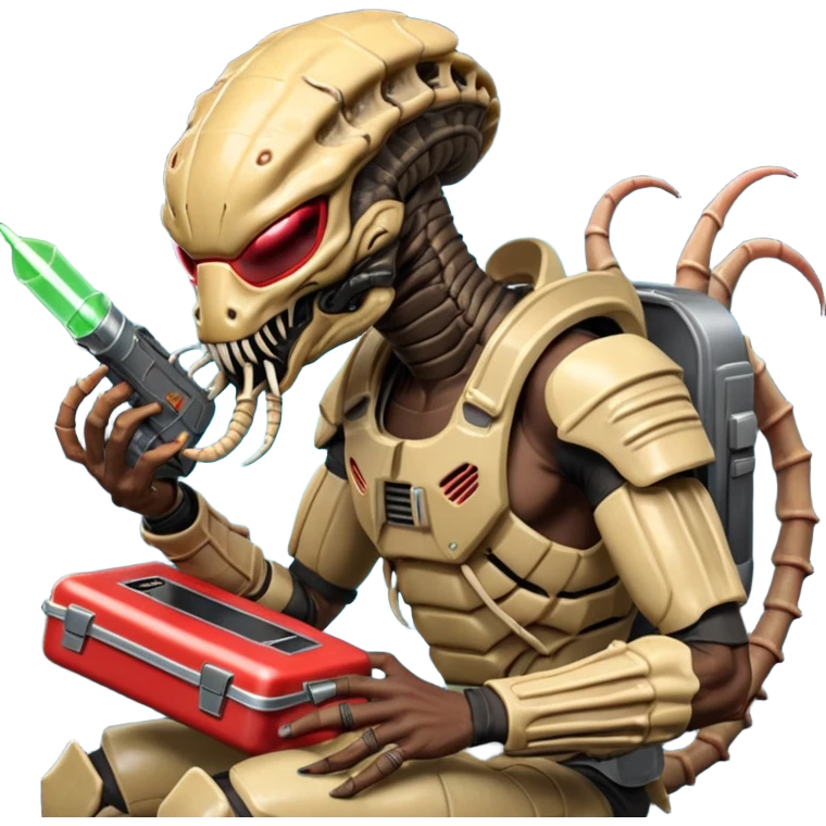 The Predator, as in the 1987 movie, with full armor, shoulder laser gun and mask eating an Alien facehugger from a lunchbox, the setting should be dark and sci-fi. emoji