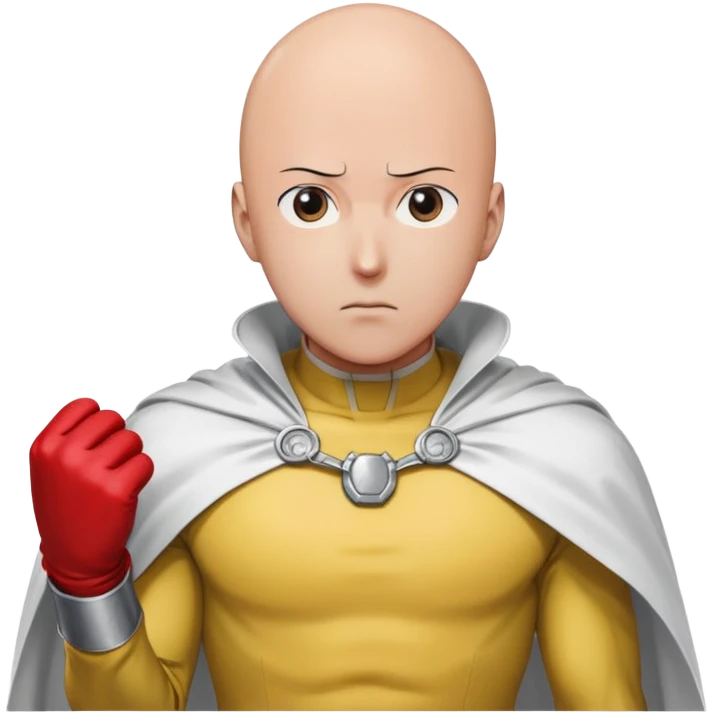 Saitama from One Punch Man, bald head, blank expression, yellow hero suit with white cape, red gloves emoji