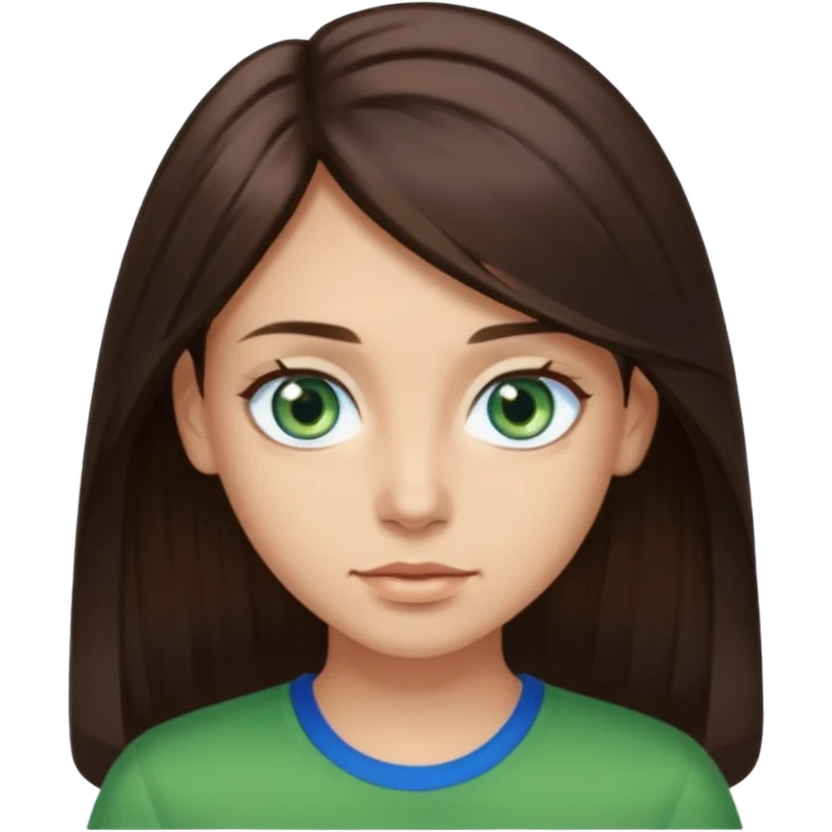 long dark brown hair with highlights in the front, big blue eyes clear skin with neck and green top on emoji