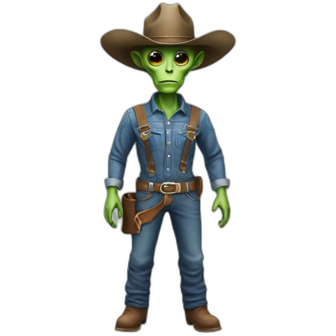 realistic alien wearing a cowboy hat and overalls emoji
