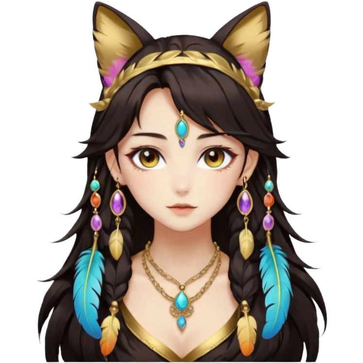 Beautiful gorgeous anime lady with beautiful dark-brown-special-hair, fashion aesthetic, ethereal, feather, accessories, gold jewelries, gold, colorful, feline ears,  emoji