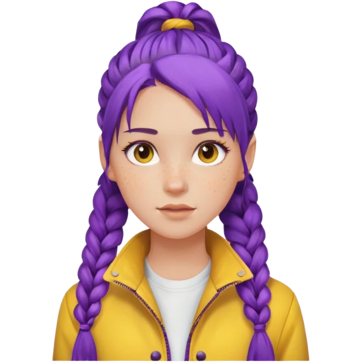 a beautiful girl face, long purple high pony braided hair from the forehead, wearing a white shirt and a yellow jacket emoji