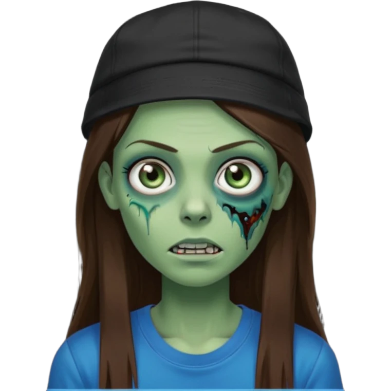 zombie woman, very long straight brown hair, blue eyes, green skin, black t-shirt, black backwards cap  emoji